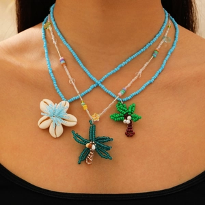 Bohemian colorful beaded necklace set with shell flower and palm tree charms