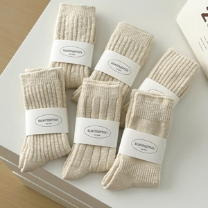 Set di 6 paia di calze in cotone a coste bianco crema con confezione in carta