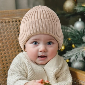 Knitted infant winter beanie in beige rib-knit style, cozy thermal hat for baby girls boys