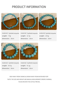 Detailed size chart of five sky blue faux turquoise beaded elastic bracelets with weights