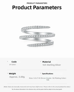 Macro view of multi-layer S925 silver snake ring with 5A zircon and 18K plating specs