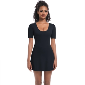 Detail of black short sleeve tennis bodysuit dress with low U-neckline for sports
