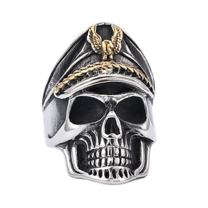 Vintage stainless steel skull officer ring with gold eagle emblem and punk rock design
