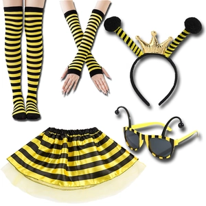 Five-piece bee costume set with striped socks, tutu skirt, headband and glasses