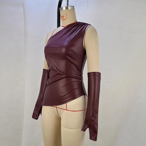 Detail of burgundy PU leather one-shoulder top with matching long fingerless gloves