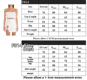Detailed size chart for white sequin top and mini skirt set with feather trim