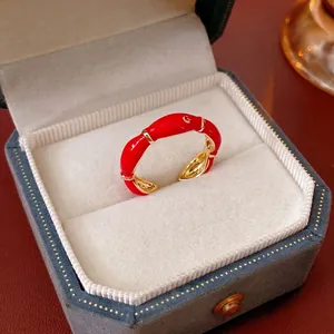 French vintage gold-plated open ring with red enamel and bamboo joint design in gift box