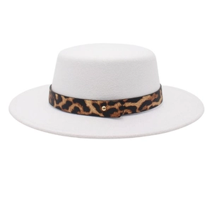 Classic white flat top felt jazz hat with leopard print band and gold buckle