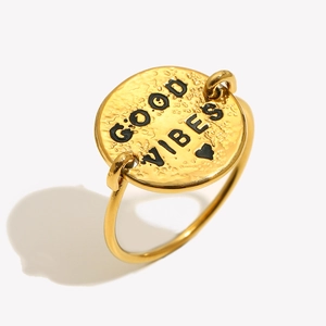 Retro 18K gold plated stainless steel ring with GOOD VIBES round coin charm