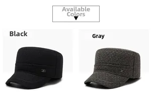 Detail of tweed army cap featuring side metal logo and durable stitching in black and gray