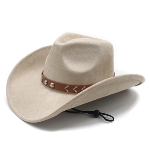 Beige faux suede western cowboy hat with studded brown band and adjustable chin strap