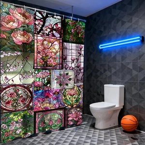 Detailed view of floral stained glass style shower curtain in a modern dark tile bathroom