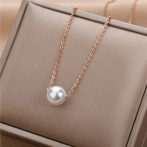 Titanium Steel Faux Artificial Pearl Pendant Necklace Elegant Minimalist Clavicle Chain Jewelry For Women Classic Style