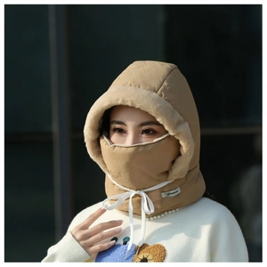 Detail of a khaki windproof winter balaclava with warm faux fur lining and drawstring