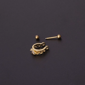 Golden crown cartilage earring set with clear zircon and straight bar stud on black background