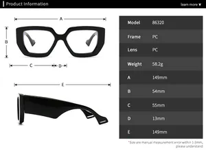 Detailed size chart showing dimensions for women's retro square oversized sunglasses