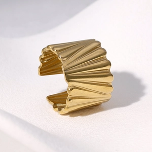 18k gold plated stainless steel wide ring with pleated texture and open design