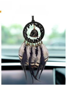 Bohemian car hanger with black natural stone and feathers in dreamcatcher style