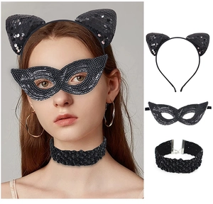 Detailed set of black lace cat ears, sequined eye mask, and choker for masquerade party