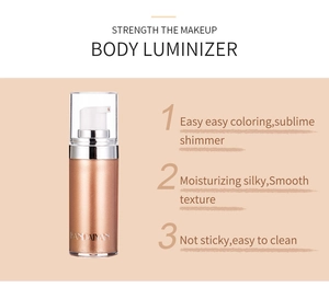 Macro detail of shimmer body luminizer in a clear pump bottle with champagne gold liquid