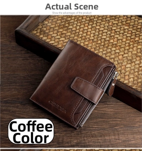 Dettaglio del portafoglio vintage in pelle color caffè con slot per carte e tasca con cerniera