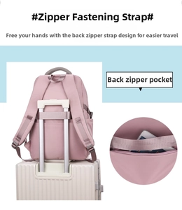 Pink travel backpack with back luggage strap and hidden anti-theft zipper pocket detail