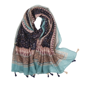 Ethnic bohemian cotton linen scarf with vintage floral patterns and tassel edges