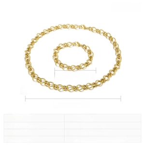 Macro detail of 10mm gold stainless steel twist chain necklace and bracelet set specifications