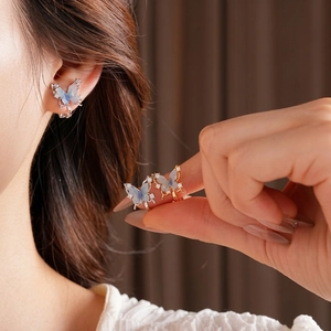 Butterfly Clip On Earrings 18K Gold Plated Copper Blue Gradient Zircon Inlaid Non Pierced Fashion Jewelry For Women