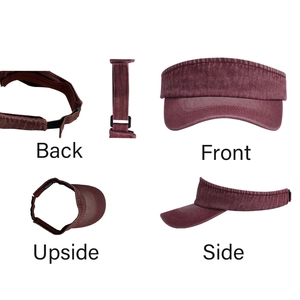 Burgundy washed cotton sun visor hat shown from front, back, top and side views