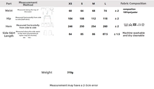 Detailed size chart for the fluffy midi skirt including waist, hip, and length measurements