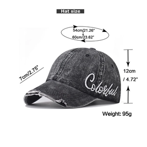 Detail showing side embroidery and sizing specs of a washed denim baseball cap