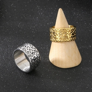 Men's punk woven pattern rings in gold and silver finish stainless steel