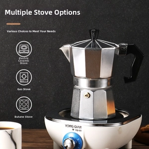 Classic silver aluminum Moka pot heating on a white electric stove in a dark setting