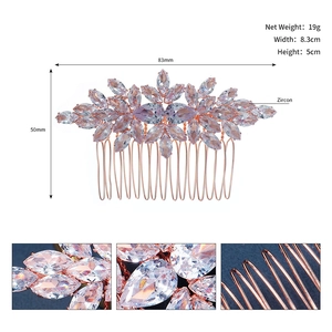 Macro detail of bridal hair comb with zircon marquise stones and 19g weight specs