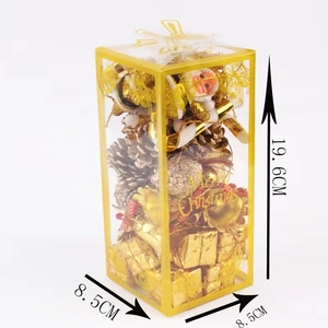 36-piece Christmas tree ornament set featuring gold gift boxes and Santa in a clear display box