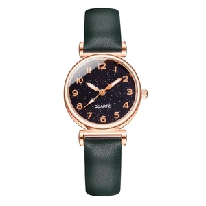 Women's round starry sky watch with green leather strap and rose gold metal case