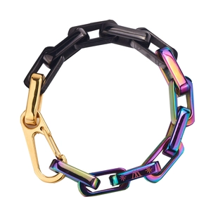 Hip hop chunky titanium steel chain bracelet with rainbow and black links and gold clasp