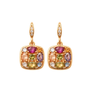 Elegant gold plated earring set with colorful square-cut dopamine zircons on white background