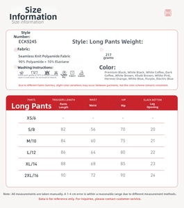 Guide des tailles pour pantalon de yoga sans couture avec détails sur le tissu et soin