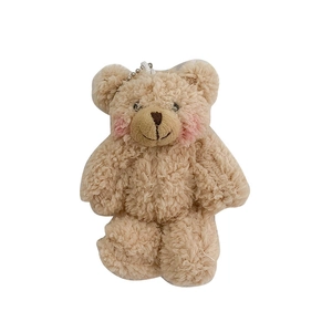 Cute beige curly plush teddy bear keychain pendant for bags with silver metal bead chain
