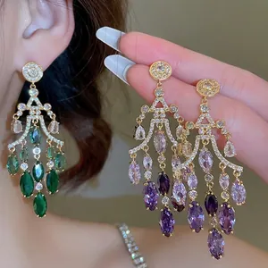 Luxuriöse Kronleuchter Ohrringe Zirkonia Wassertropfen Anhänger 18K Gold Beschichtet Schmuck Mit 925 Sterling Silber Ohrstecker