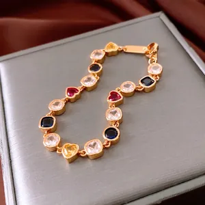 Luxury 18K gold plated bracelet with colorful heart and square cut gemstones