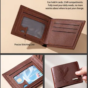 Men's slim brown PU leather wallet with embossed eagle and multi-card slot design