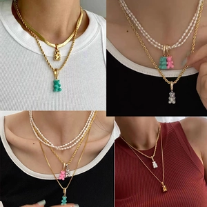 Double-layered stainless steel teddy bear pendant necklaces with freshwater pearls