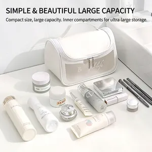 Large capacity white leather cosmetic bag with handle and Beautiful Life lettering