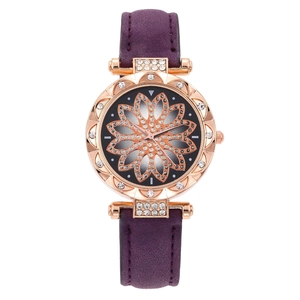 Elegant rose gold quartz watch with purple leather strap and rhinestone flower dial design