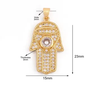 Detailed size view of Hamsa Hand charm in 18K gold finish with cubic zirconia stones