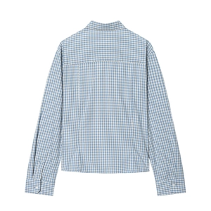 Slim fit blue and white checkered long sleeve shirt for men and women, back view on white