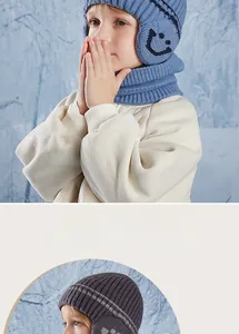 Detail of warm winter knit hat set for kids with soft plush lining and ear protection
